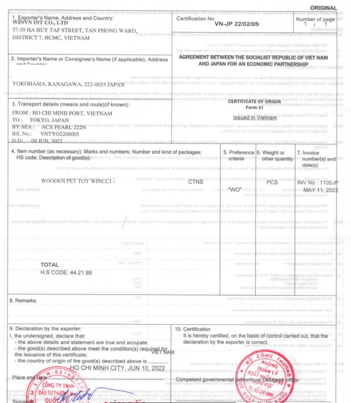 Certificate of Origin, Form VJ, for a shipment of wooden pet toys from Vietnam to Japan