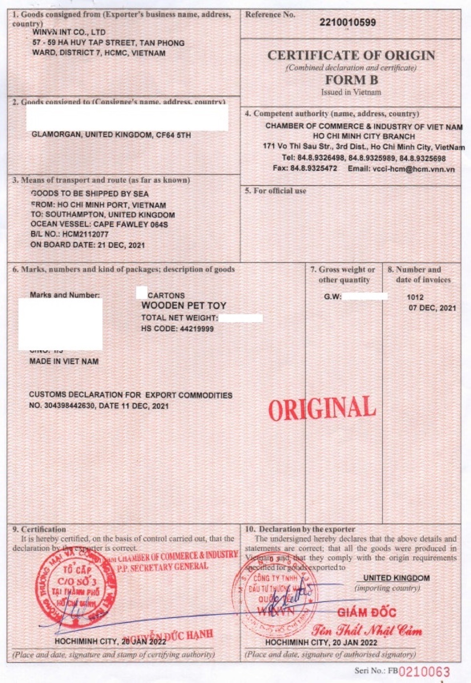 Certificate of Origin, Form B, for a shipment of wooden pet toys from Vietnam to the United Kingdom