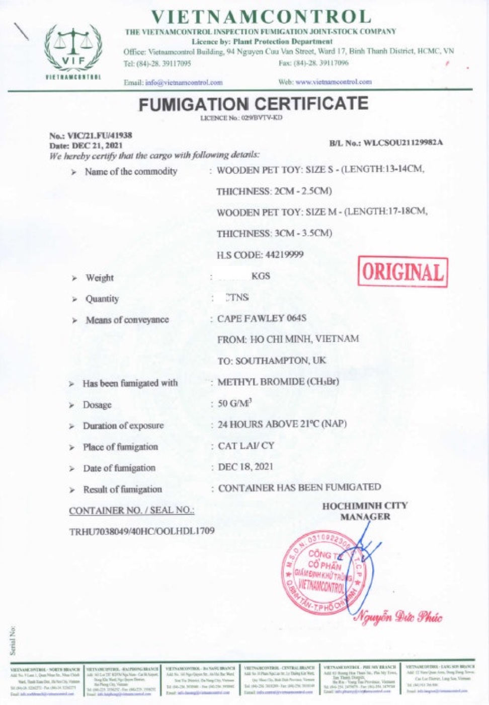 Fumigation certificate for a container shipped from Ho Chi Minh City to Southampton, UK