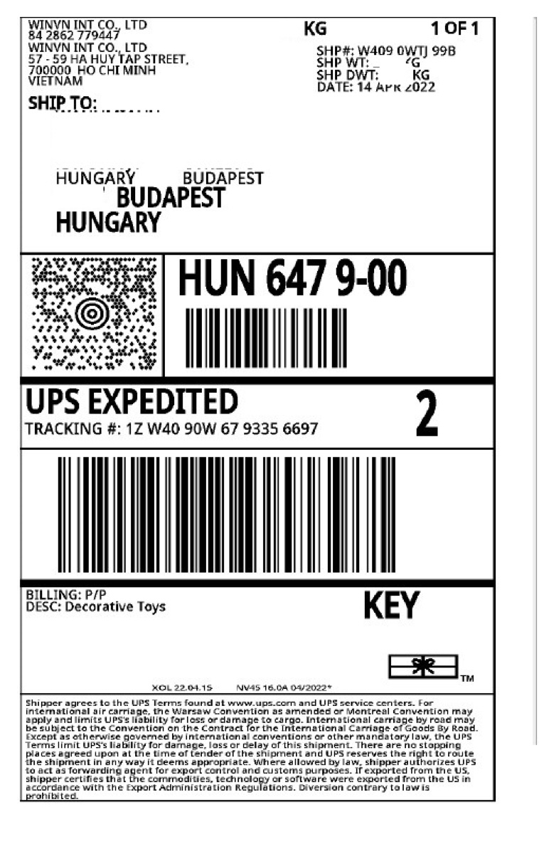 UPS Expedited shipping label for a parcel sent from WINVN INT CO., LTD to Budapest, Hungary
