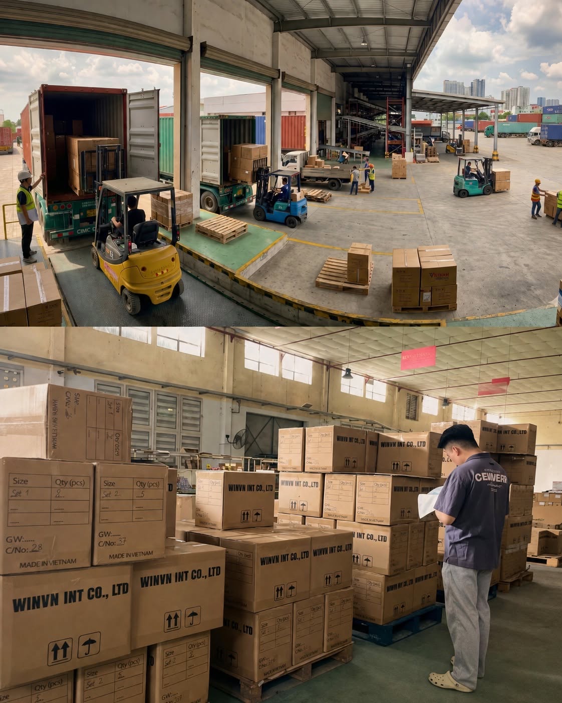 Forklifts loading export cartons into containers, and WINVN cartons stacked in the warehouse
