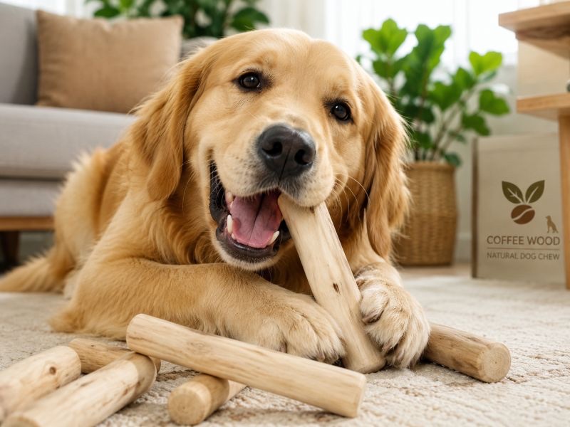 A golden retriever chewing a natural coffee wood dog chew
